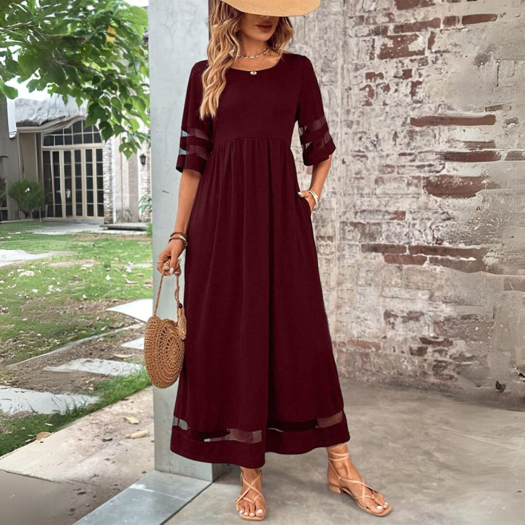 Women midi dress empire waist tummy smoothing flowing skirt