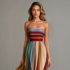 Women's strapless maxi dress with pleated panel skirt, full length formal silhouette