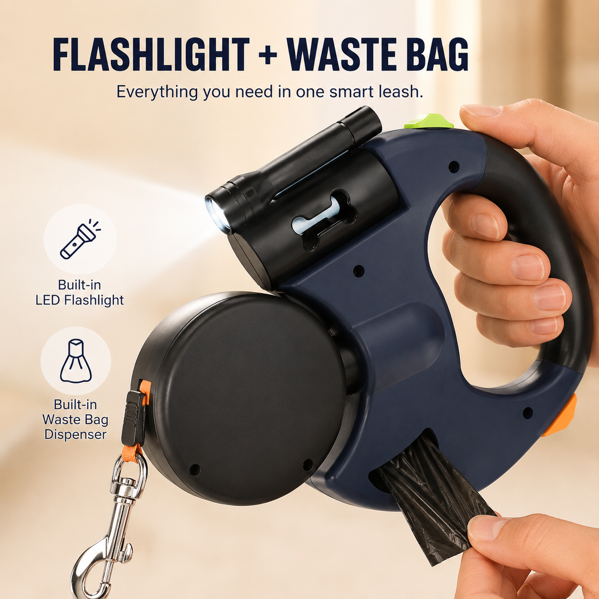 Dual retractable dog leash 10FT with built-in flashlight and tangle-free 360° rotation