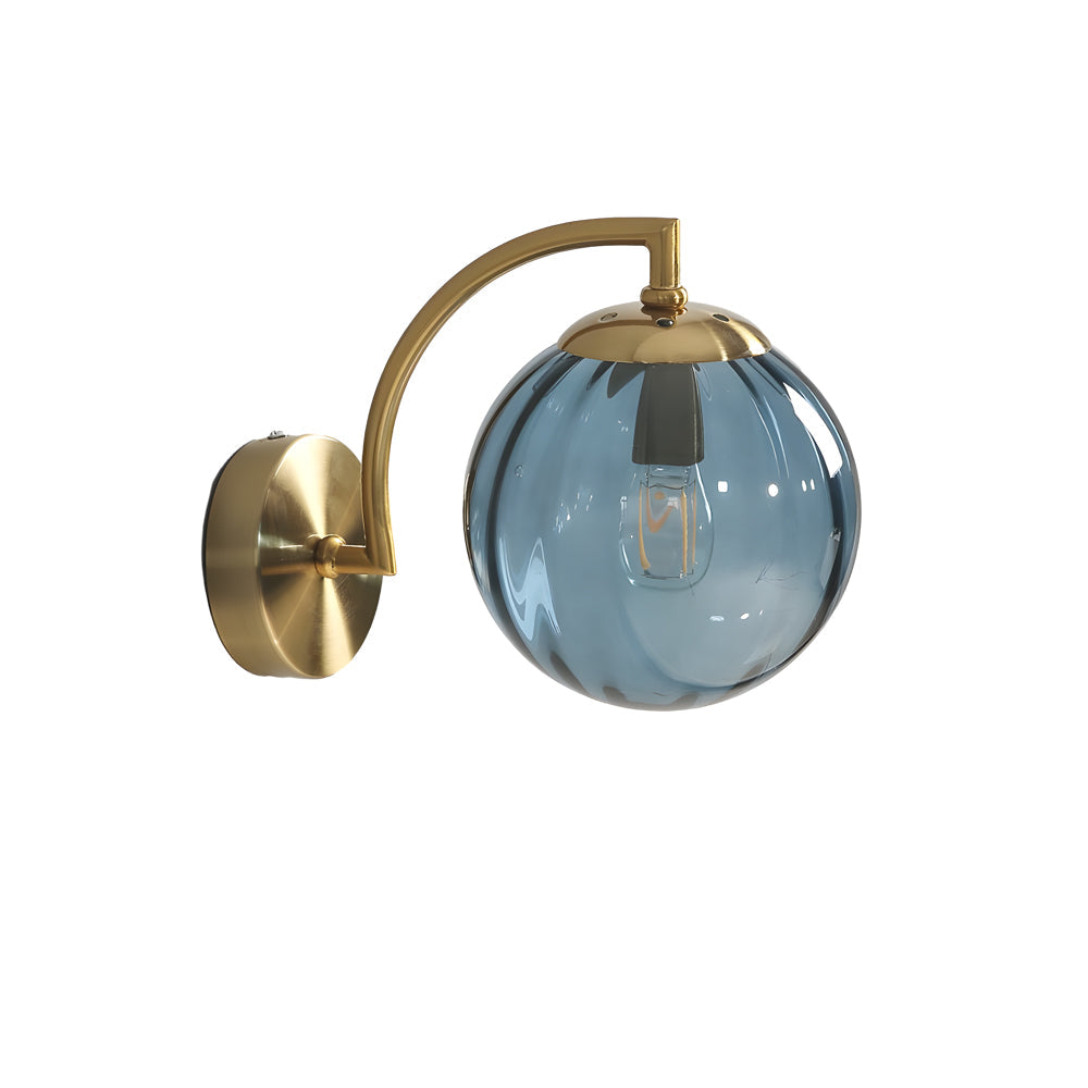 Wall lamp curved arm spherical ribbed glass shade gold finish modern indoor