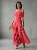 Women off shoulder draped midi dress with sheer overlay and flowing skirt