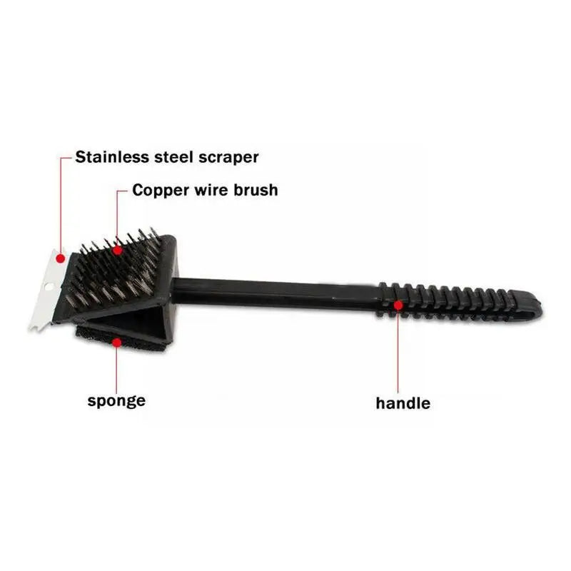 BBQ grill brush 3-in-1 with scraper and sponge, black