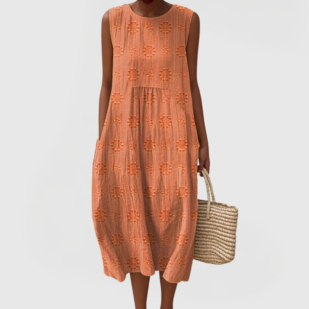 Women's sleeveless dress with tummy control, floral embroidery and hidden side pockets