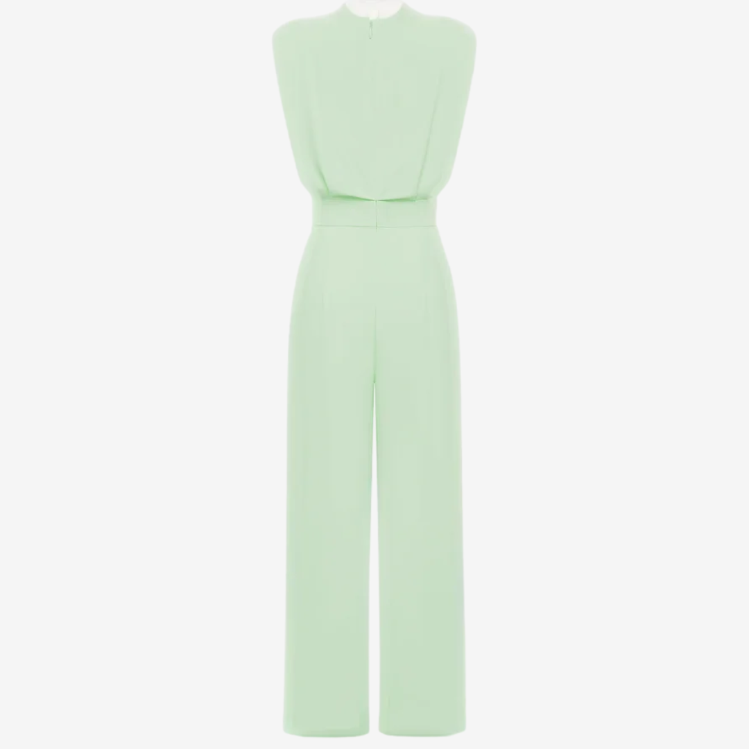 Women's jumpsuit with belted waist, minimalist elegant style, available in beige black olive