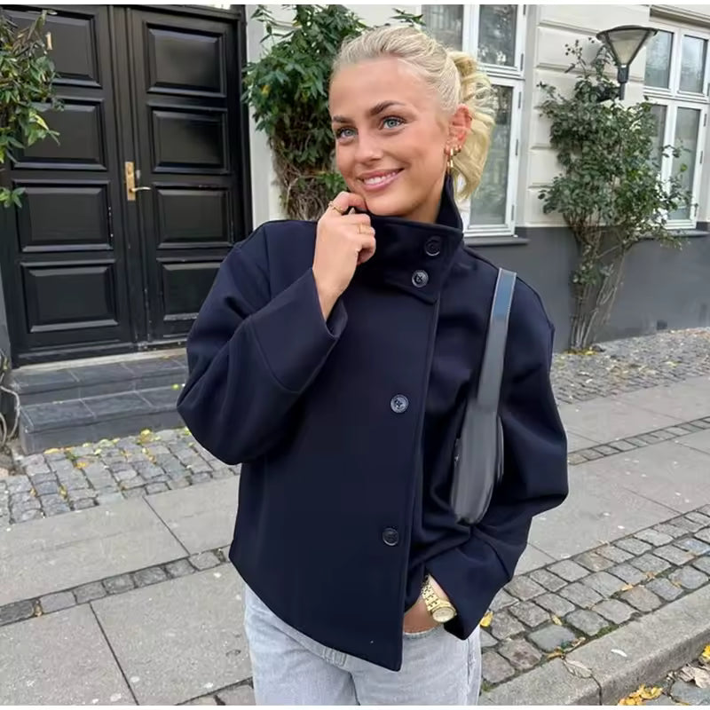 Women's short double-breasted coat in black, navy, beige and dark grey, classic fit