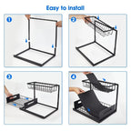 Under sink cabinet organizer 2-tier sliding black carbon steel L-shape