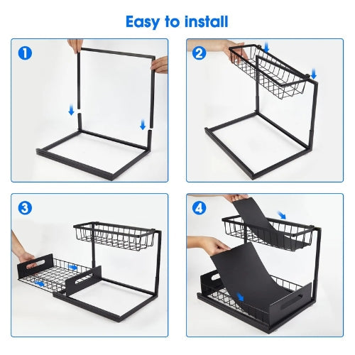 Under sink cabinet organizer 2-tier sliding black carbon steel L-shape