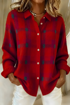 Women soft knit plaid cardigan relaxed fit retro style