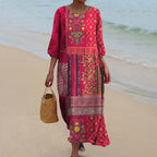 Women's boho maxi dress in red ethnic print, flowy lightweight cotton