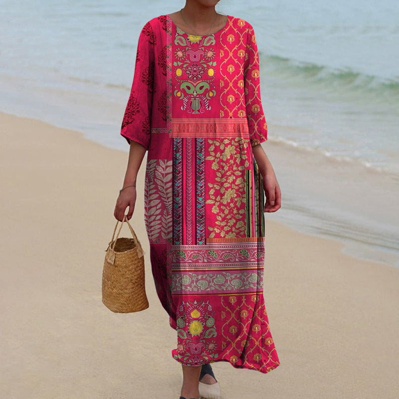 Women's boho maxi dress in red ethnic print, flowy lightweight cotton