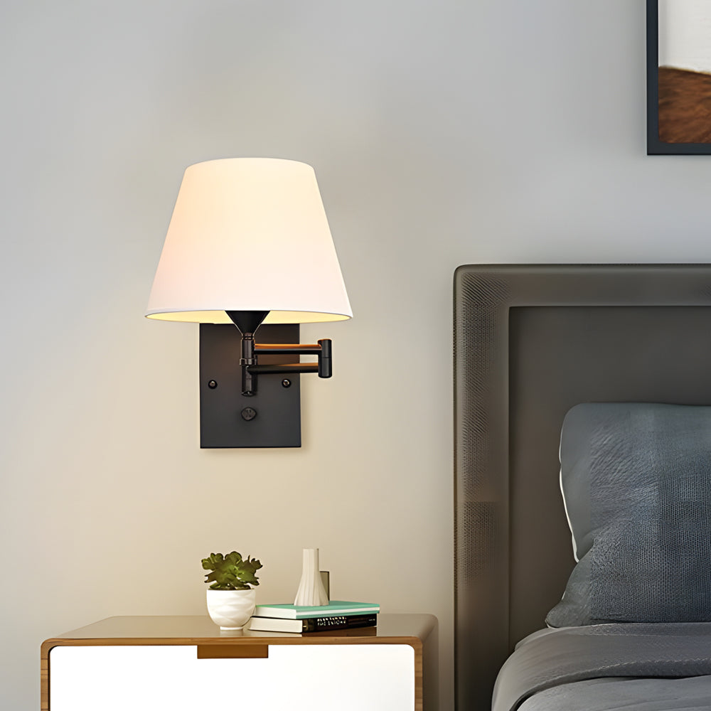 Swing arm wall lamp plug-in with linen shade and black iron frame, 1-light