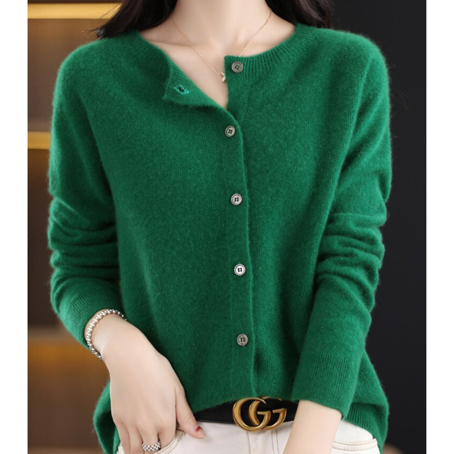Women's merino wool sweater round neck with button placket slim fit