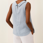Women linen cotton sleeveless longline top with pleated collar