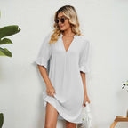 Women V-Neck Knee Length Dress with Ruffle Detail in Black Blue White Green