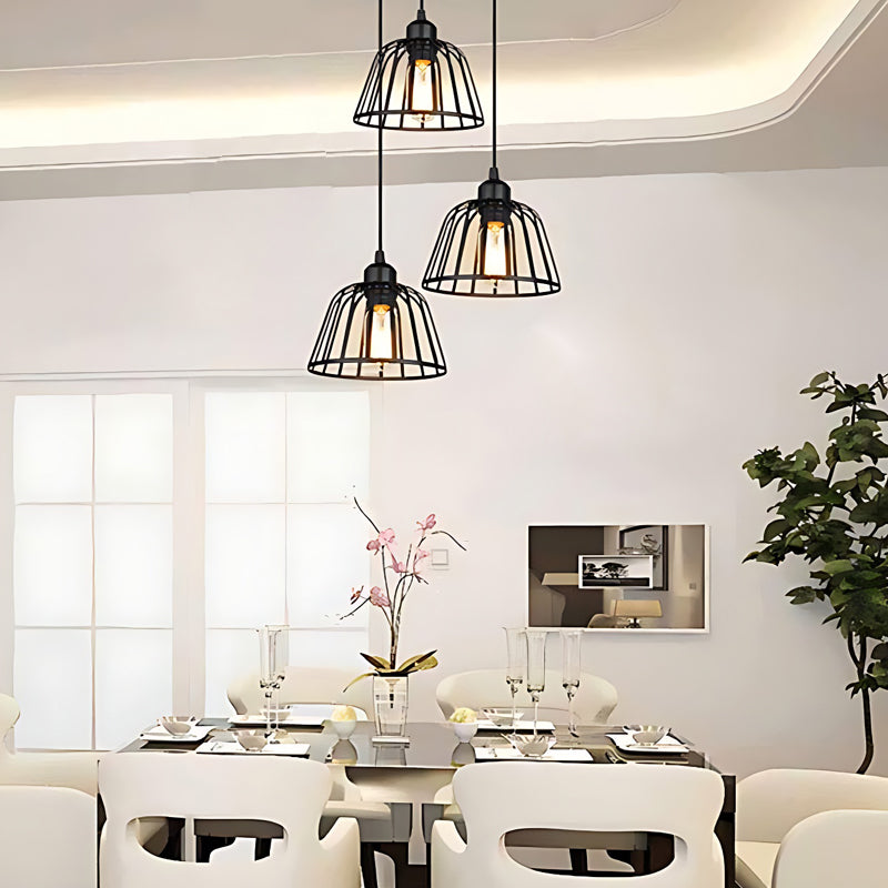 Industrial chandelier black iron cage LED retro style 1 or 3 light pendant