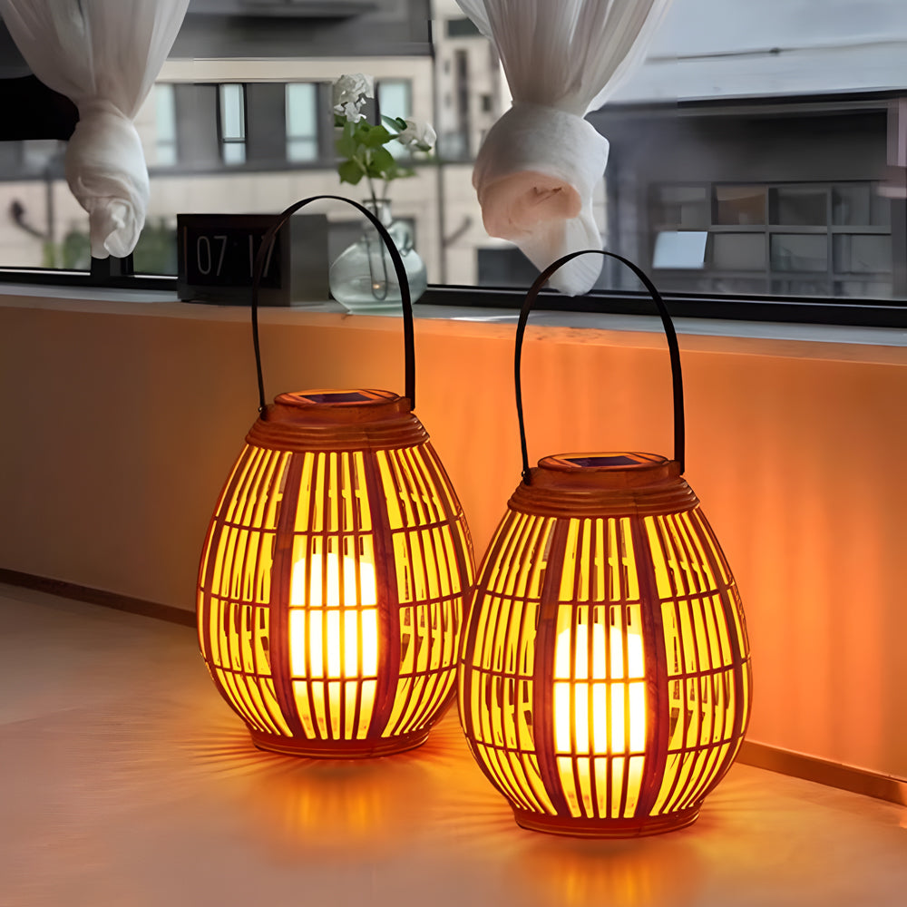 Solar lantern outdoor portable waterproof warm white LED wood-look bamboo design