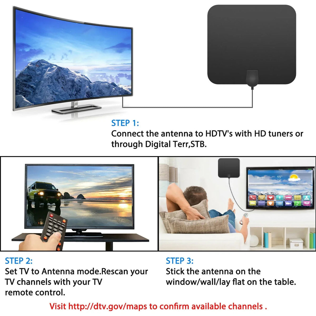 Indoor HDTV antenna with 300-mile range and signal booster, slim black design