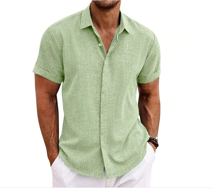 Men's linen shirt short sleeve double button placket lightweight summer