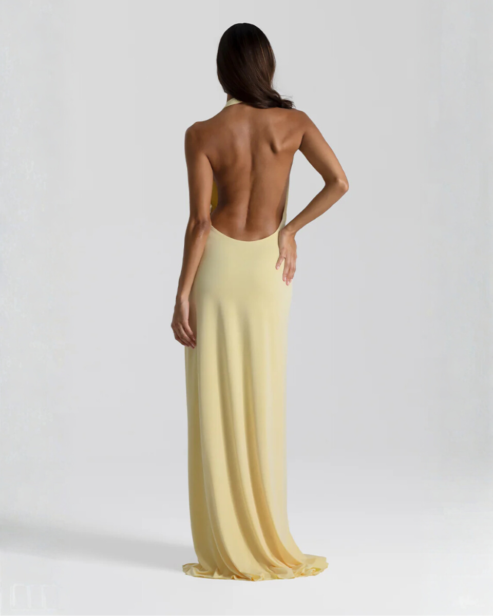 Halter neck backless maxi dress with high side slit, flowing silhouette for evening events