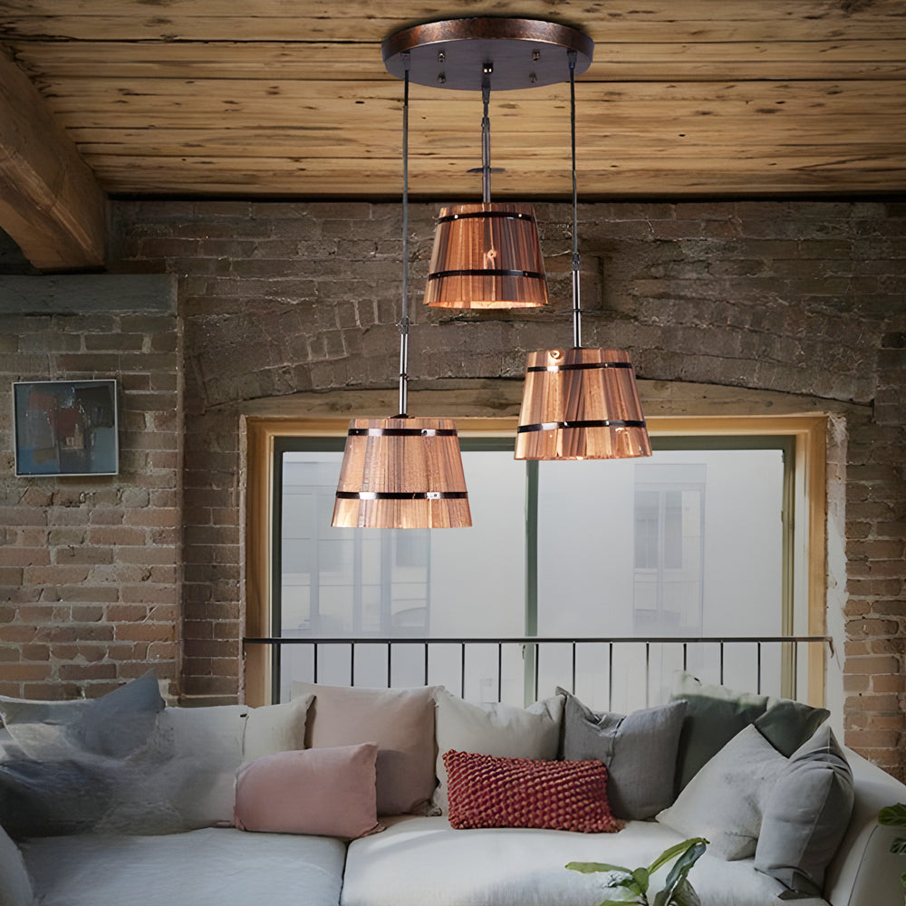 Pendant lamp rustic wooden bucket shade industrial style 1 or 3 light