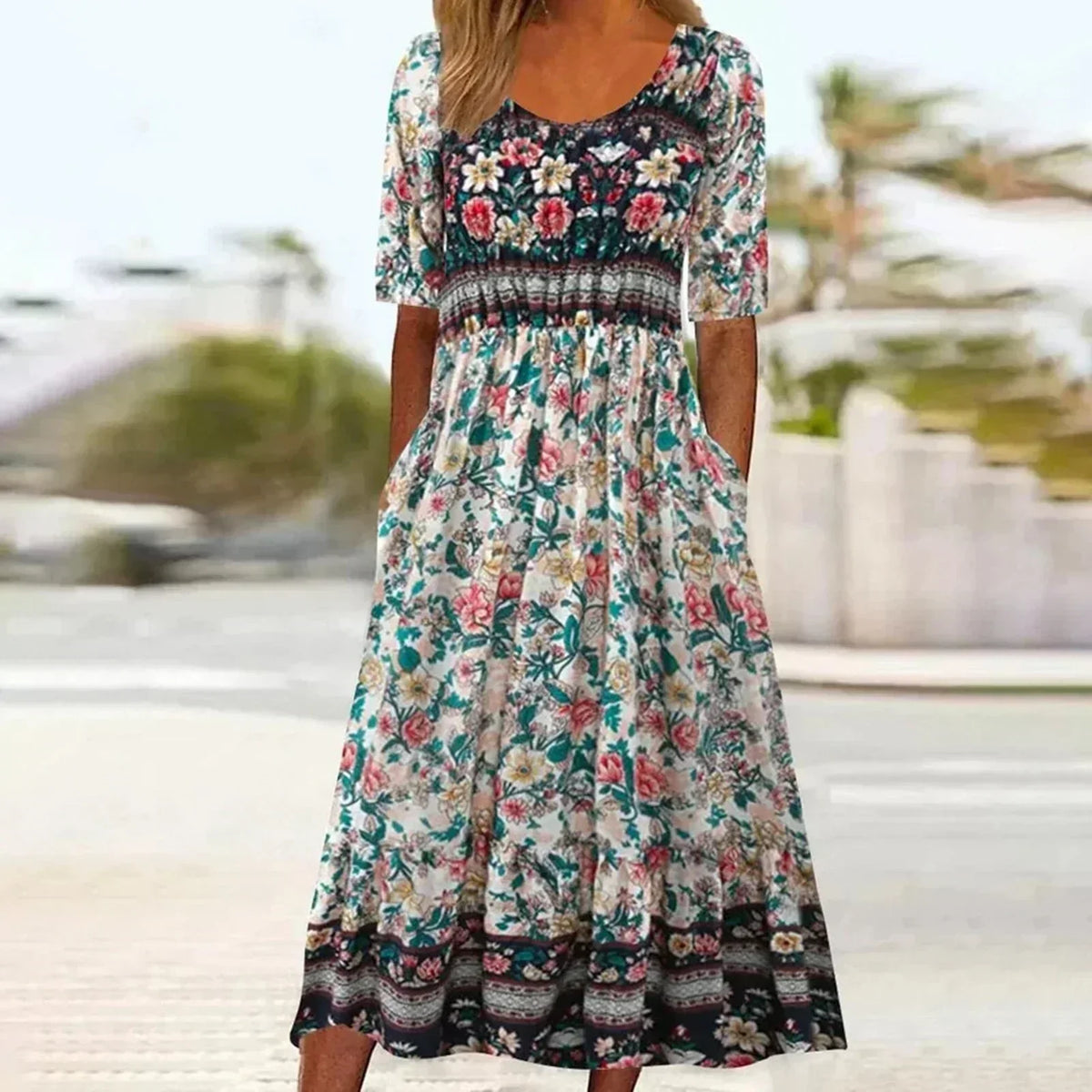 Women's boho printed square neck short sleeve midi dress in multicolor pattern