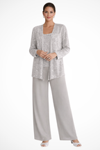 Women's evening three-piece set with wide-leg trousers and open-front jacket, XS–2XL