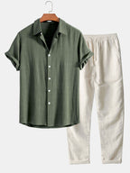 Men's summer outfit set lightweight linen shirt and trousers relaxed fit