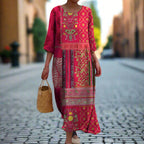 Women's boho maxi dress in red ethnic print, flowy lightweight cotton