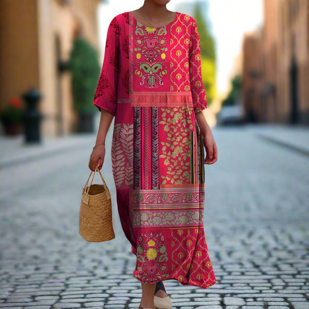 Women's boho maxi dress in red ethnic print, flowy lightweight cotton