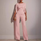 Women's wide leg jumpsuit with pearl split sleeve detail, relaxed fit in white pink black