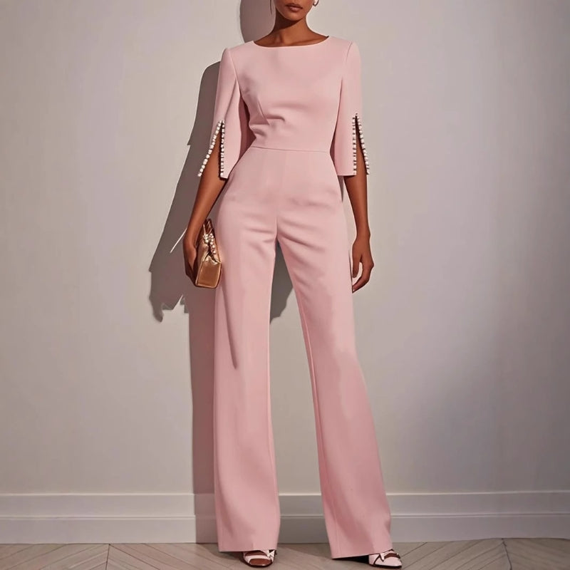 Women's wide leg jumpsuit with pearl split sleeve detail, relaxed fit in white pink black