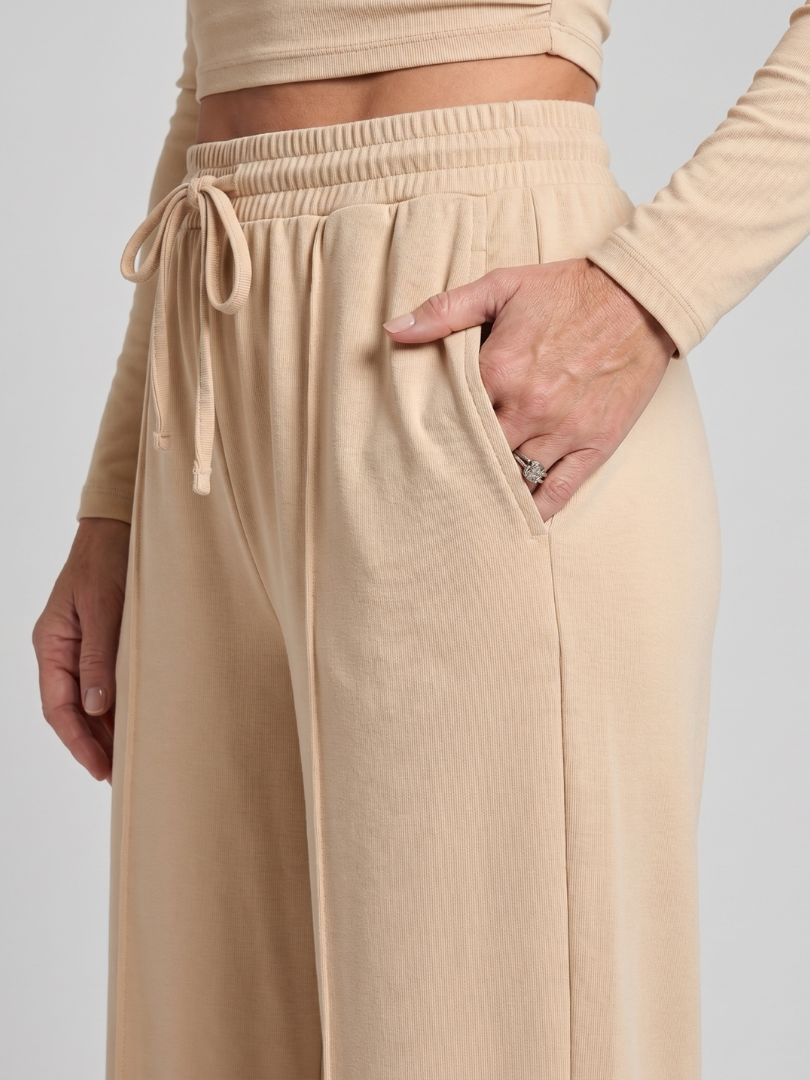 Women 2 piece long sleeve crew neck crop top wide leg pants set
