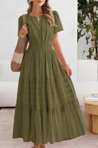 Women smocked midi dress short sleeve boho flowing skirt