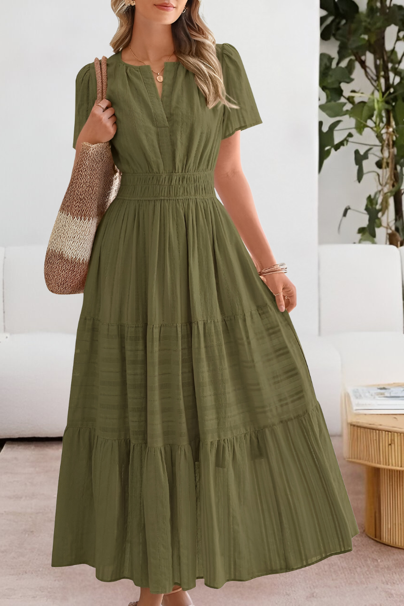 Women smocked midi dress short sleeve boho flowing skirt