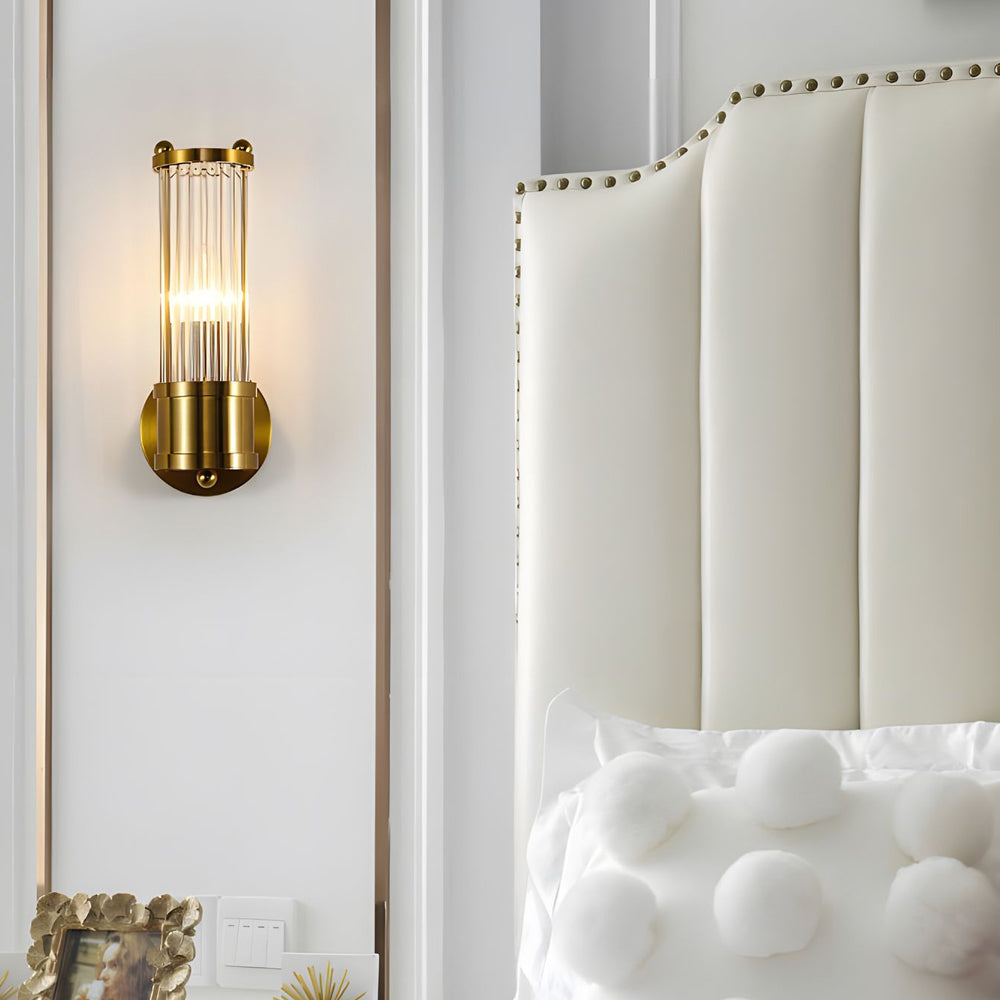 Modern wall lamp with cylindrical ribbed clear glass shade in chrome or gold finish
