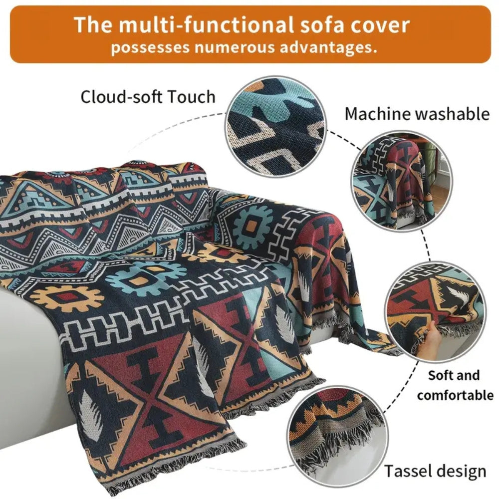 Aztec geometric pattern sofa cover boho tassel microfiber