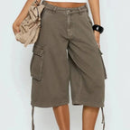 Women's camo cargo shorts longline baggy fit with flap pockets, streetwear style