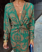 Women's formal midi dress in blue, green and red — flattering tailored silhouette