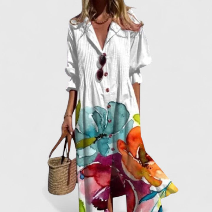 Women's boho dress in bold colors, floral midi style for all occasions