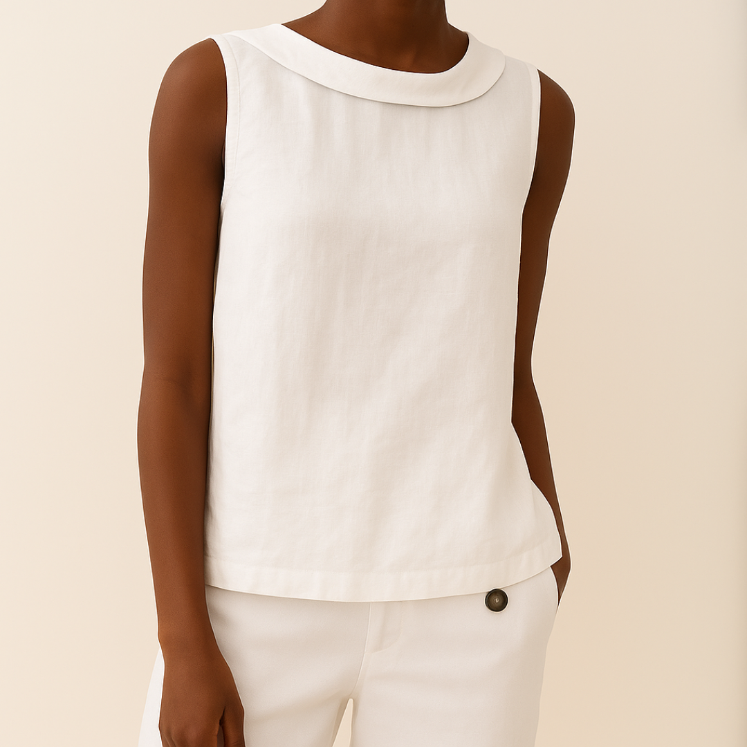 Women linen cotton sleeveless longline top with pleated collar