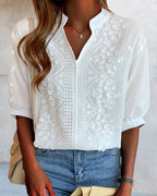 Women's white V-neck blouse with puff sleeves and patchwork detail, cotton-lace blend