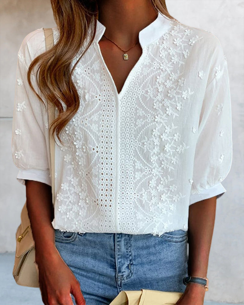 Women's white V-neck blouse with puff sleeves and patchwork detail, cotton-lace blend