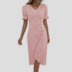 Women's floral midi dress with V-neck, puff sleeves and ruched waist, A-line summer style