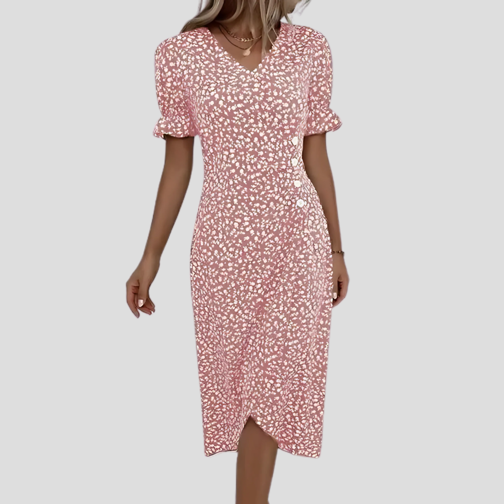 Women's floral midi dress with V-neck, puff sleeves and ruched waist, A-line summer style