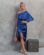 Women's asymmetric one-shoulder draped midi dress for evening occasions
