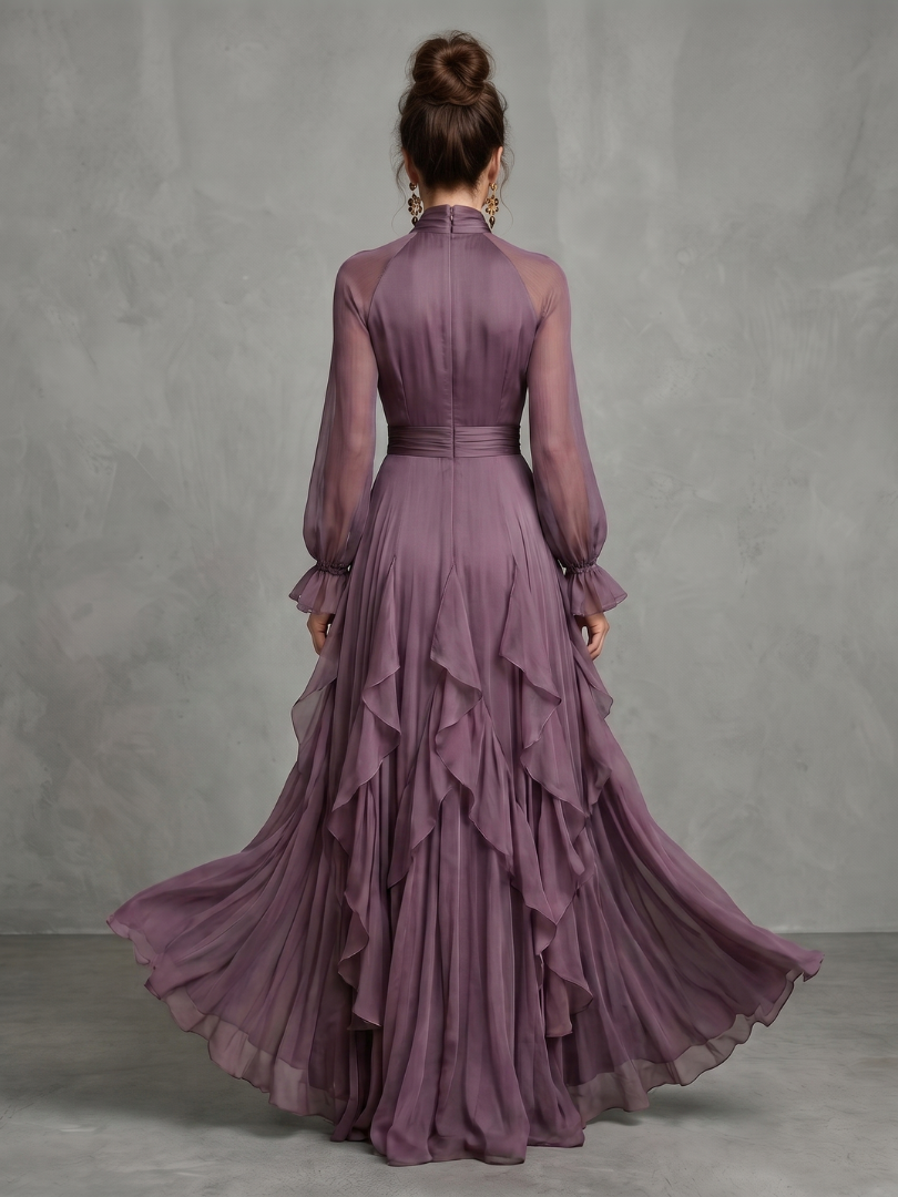 Women tie neck ruffle tiered maxi dress long sleeve purple flowing