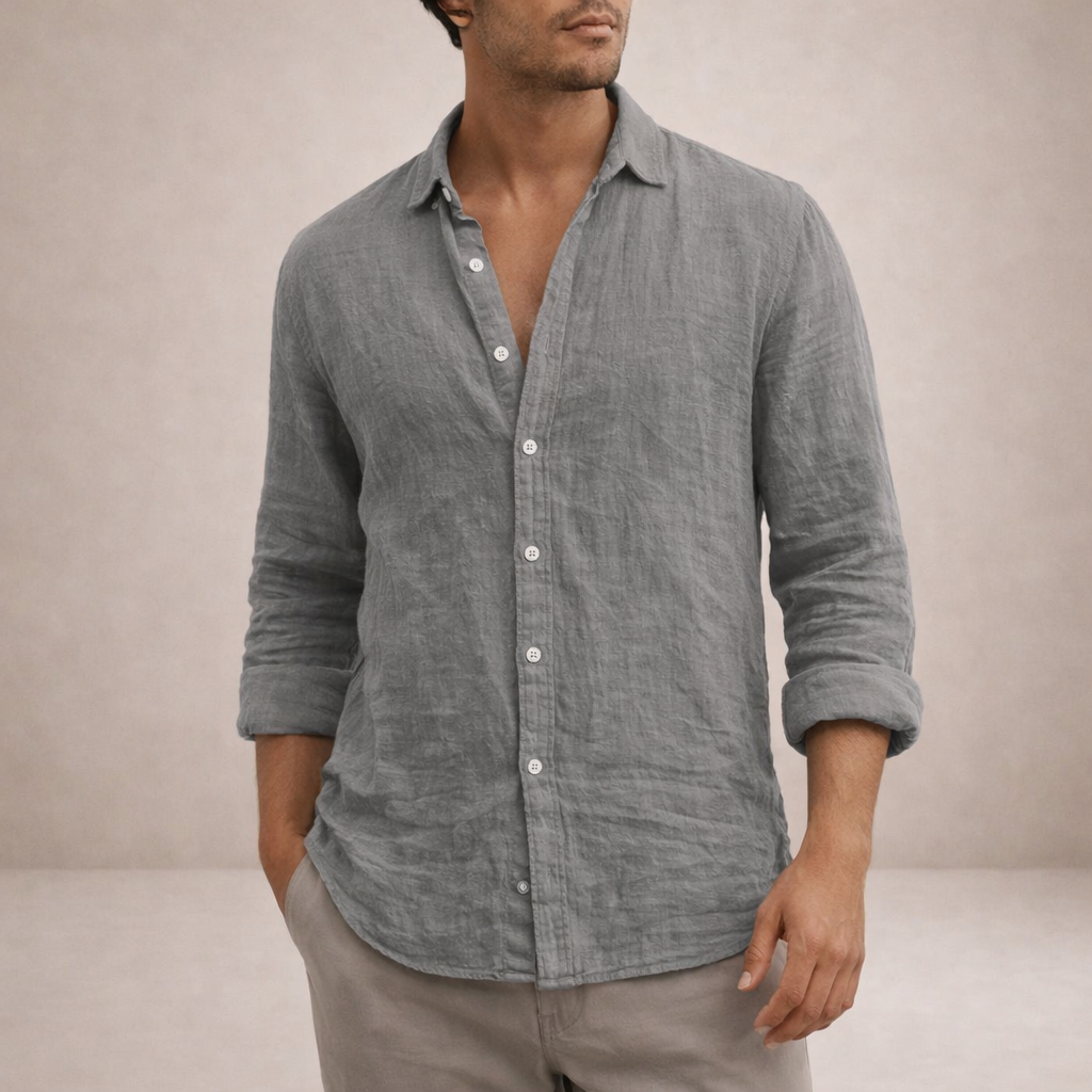 Men's linen shirt casual breathable long sleeve open collar