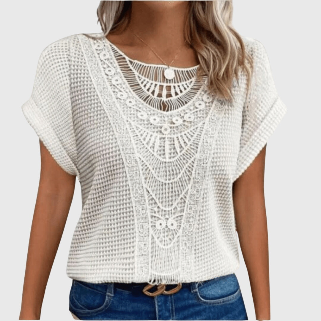 Women's openwork blouse short sleeve round neck loose fit, decorative perforated knit