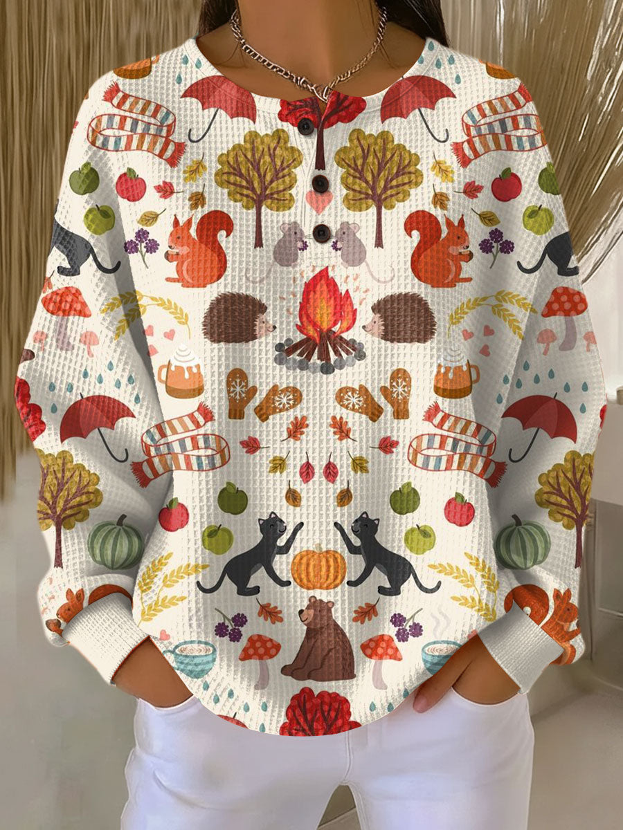 Women waffle knit sweater round neck relaxed fit double layer
