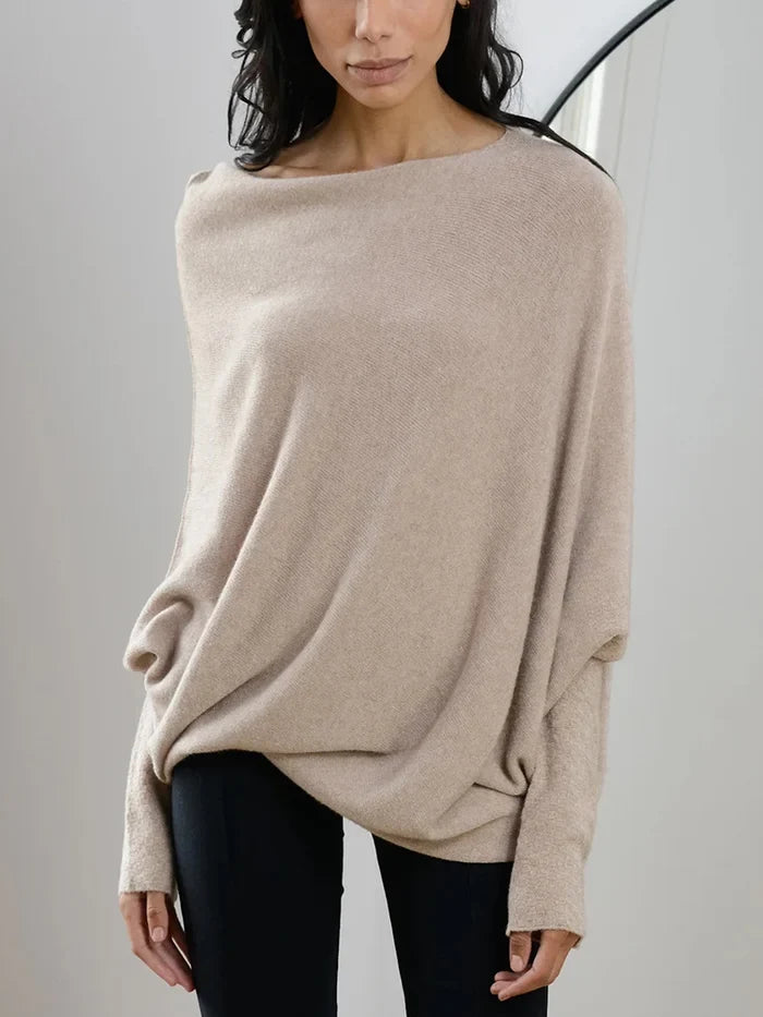 Women asymmetric draped pullover sweater with swing collar in multiple colours
